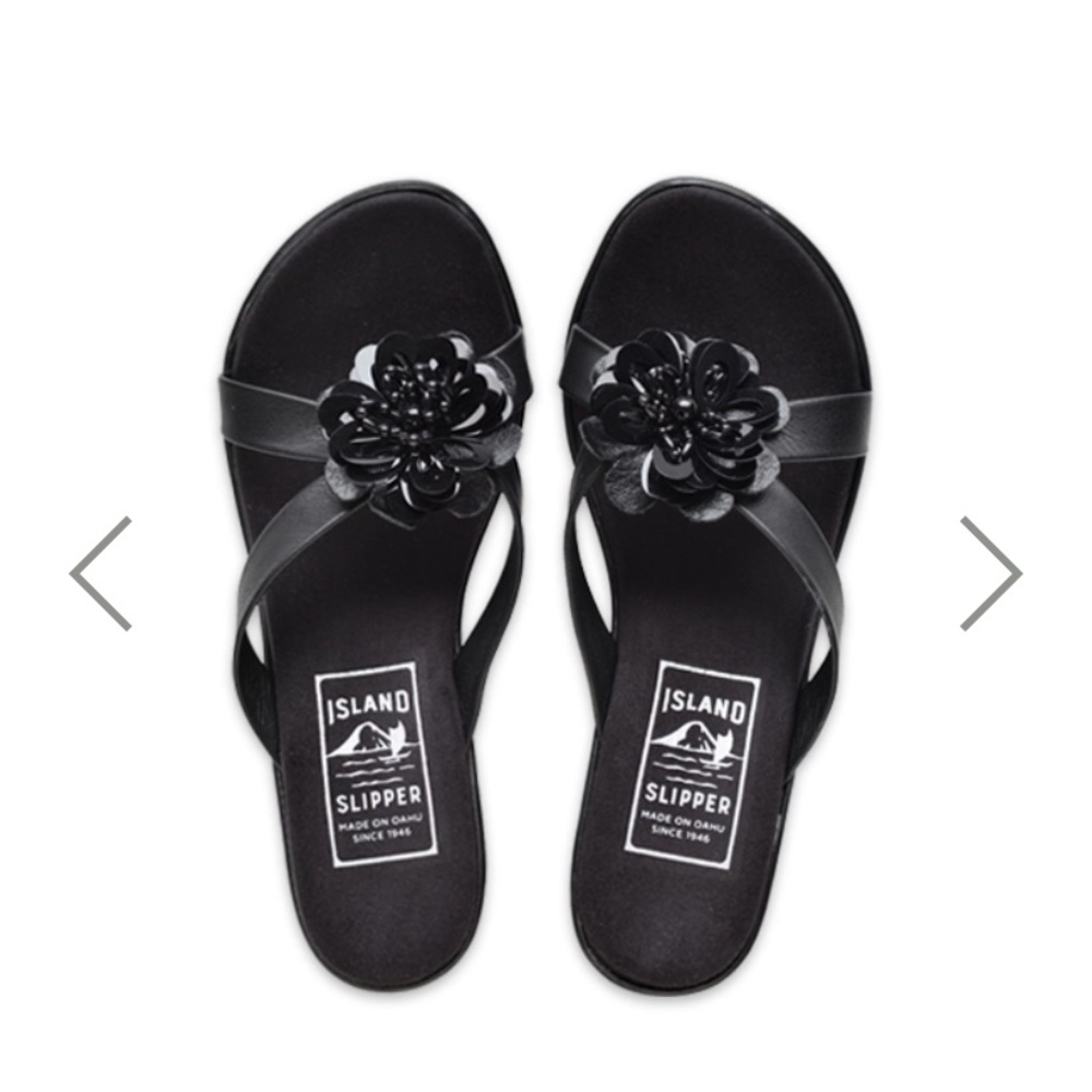 Island Slipper Beaded Flower Slide Platform Black Size 8